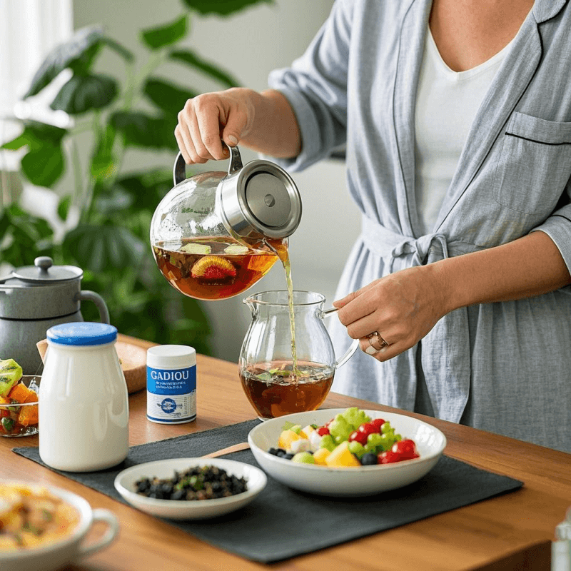 A lifestyle blogger brewing cold-brew high mountain oolong tea in a cozy kitchen, paired with probiotic-rich foods, showing a natural way to support digestion and answer the question—does oolong tea make you poop.