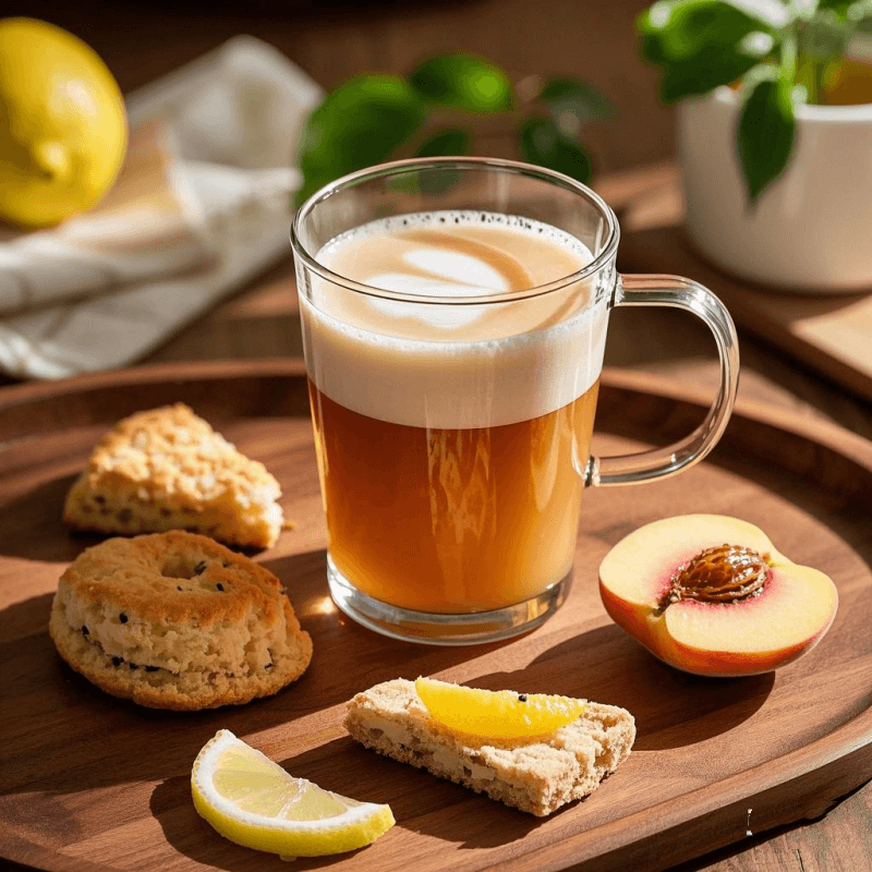 A tall clear glass of honey oolong milk tea served on a wooden tray, topped with milk foam and a drizzle of honey, highlighting its creamy texture and golden hue.