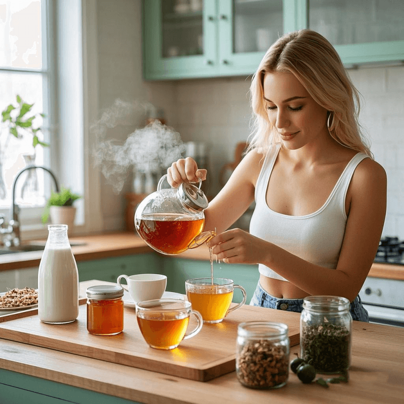 Iced honey oolong milk tea in a takeaway cup with tapioca pearls, placed beside a honey dipper and loose oolong tea leaves, perfect for bubble tea lovers