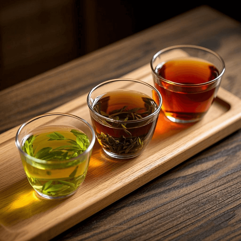 Close-up image comparing loose green tea, oolong tea, and black tea leaves side by side, with matching brewed tea in clear cups to highlight color differences—answering the question: is oolong tea black or green tea