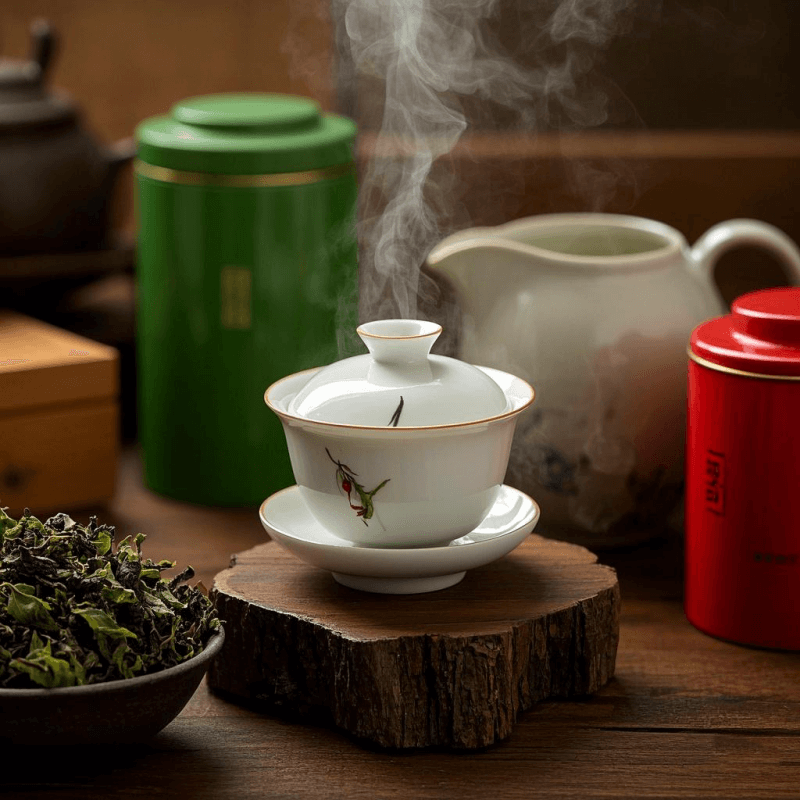 A detailed brewing setup with oolong tea leaves unfurling in a gaiwan, surrounded by green tea and black tea in the background—illustrating the unique preparation and flavor profile of oolong tea in the debate: is oolong tea black or green tea