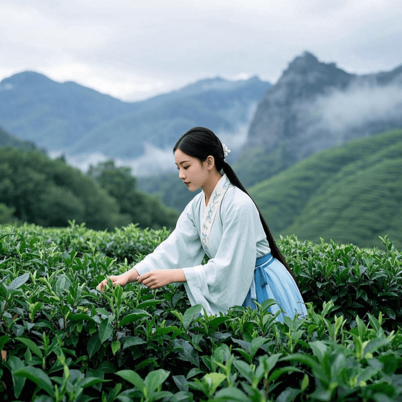 A traditional Chinese tea picker harvesting oolong tea leaves by hand in Wuyi Mountain tea gardens, surrounded by misty hills—highlighting the origin of oolong tea Chinese craftsmanship.
