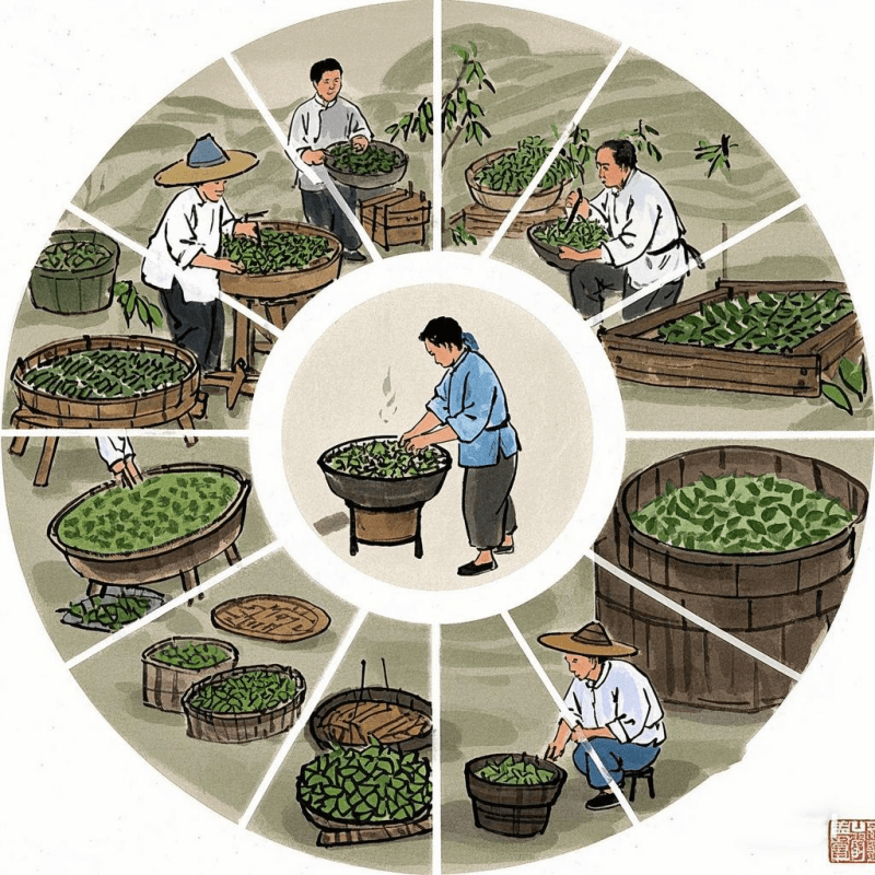 An illustrated guide showing the traditional Chinese processing steps of oolong tea, including picking, withering, oxidation, and roasting—emphasizing oolong tea Chinese heritage and artisanal techniques.