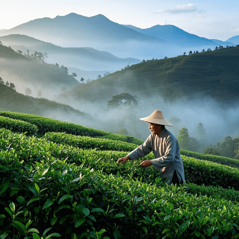 Ancient phoenix oolong tea trees in misty Phoenix Mountains, Guangdong, China, with traditional tea farmers hand-picking dancong oolong leaves in early morning fog.