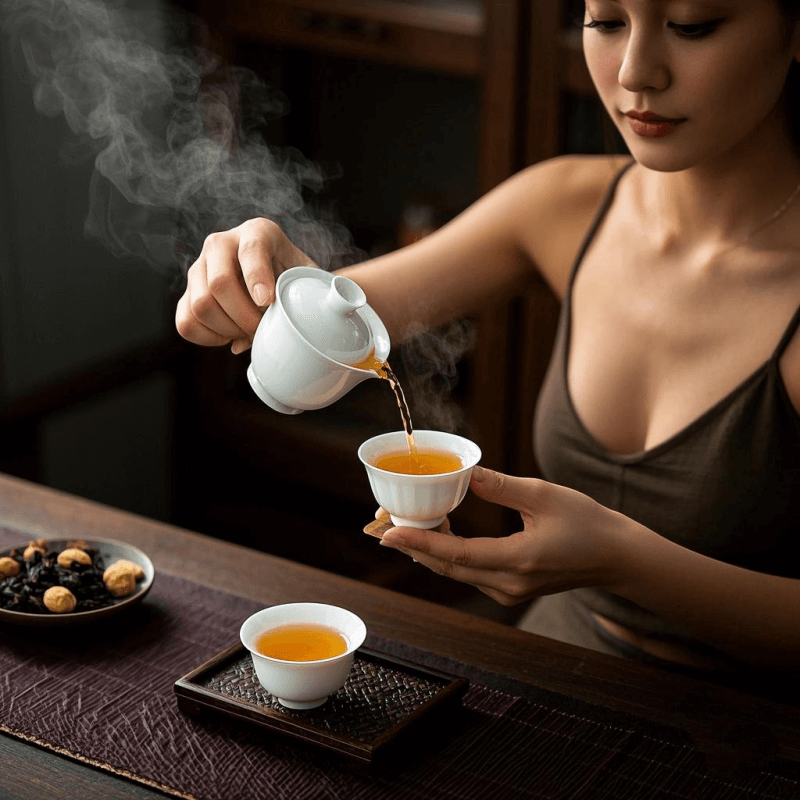 Traditional brewing of phoenix oolong tea in a porcelain gaiwan, with golden dancong tea liquor and unfurling leaves releasing floral aroma.