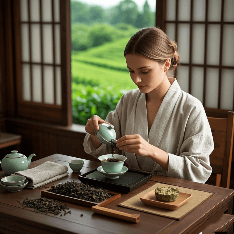 A Chinese tea master brewing Tie Guan Yin oolong tea with a gaiwan in a traditional courtyard, showcasing the floral elegance of lightly oxidized types of oolong tea.