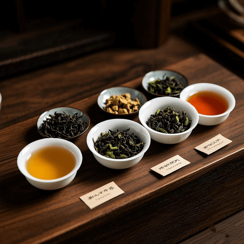 Top-down view of five types of oolong tea leaves on white plates: Alishan, Da Hong Pao, Phoenix Dancong, Shui Xian, and Dong Ding, visually comparing their color and texture differences