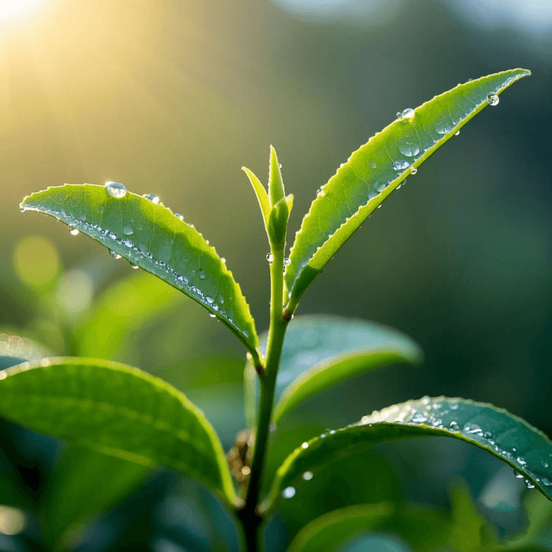 Close-up of Camellia sinensis leaves in a mountain tea garden, highlighting the natural ingredients in what is oolong tea made of.