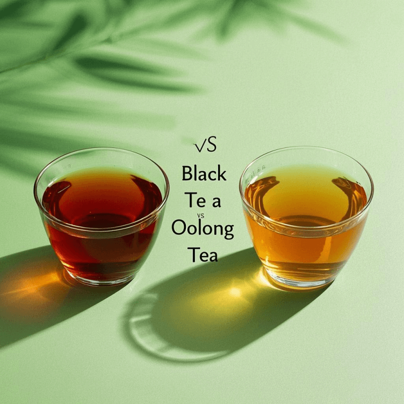 Side-by-side comparison of black tea vs oolong tea in ceramic cups, showcasing the dark color of black tea and the golden hue of oolong tea on a rustic wooden table.