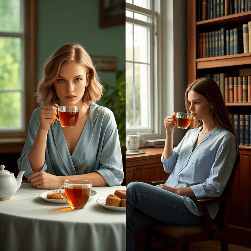 Relaxing lifestyle scene showing a morning with black tea and an afternoon with oolong tea, illustrating how black tea vs oolong tea fits different parts of the day.