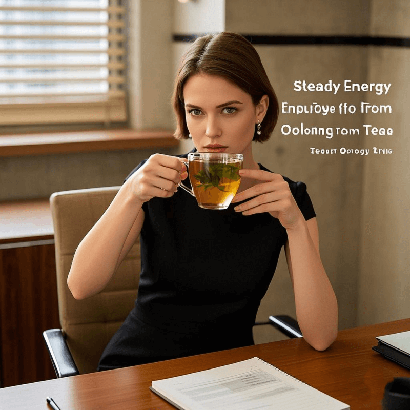 Man enjoying oolong tea at work for steady focus, comparing caffeine in oolong tea vs green tea benefits.