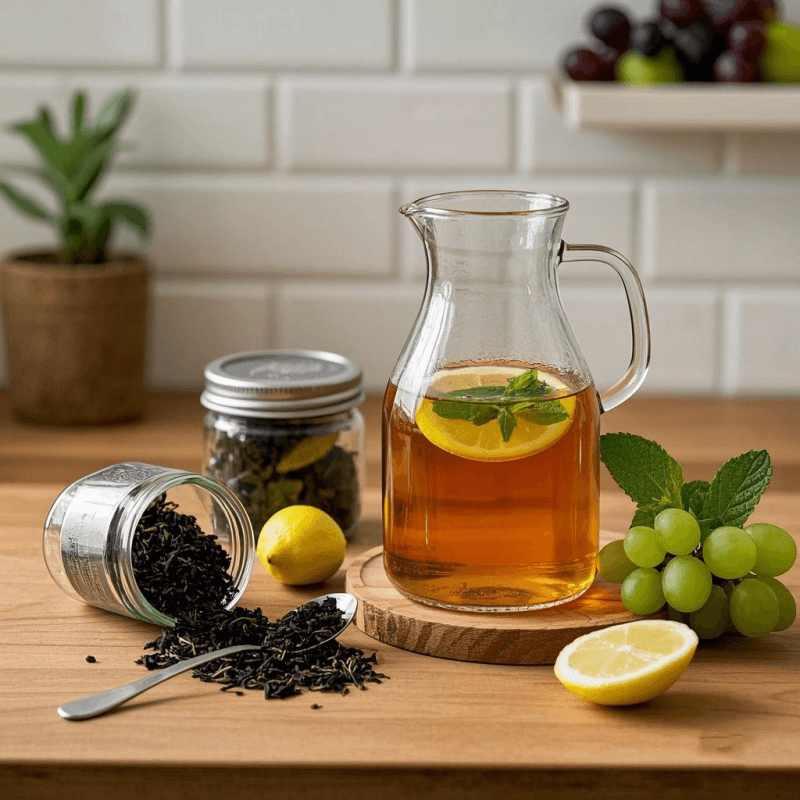 Homemade cold brew oolong tea in a glass jar with fresh fruit, mint leaves, and loose-leaf oolong tea – clean and healthy tea preparation scene.