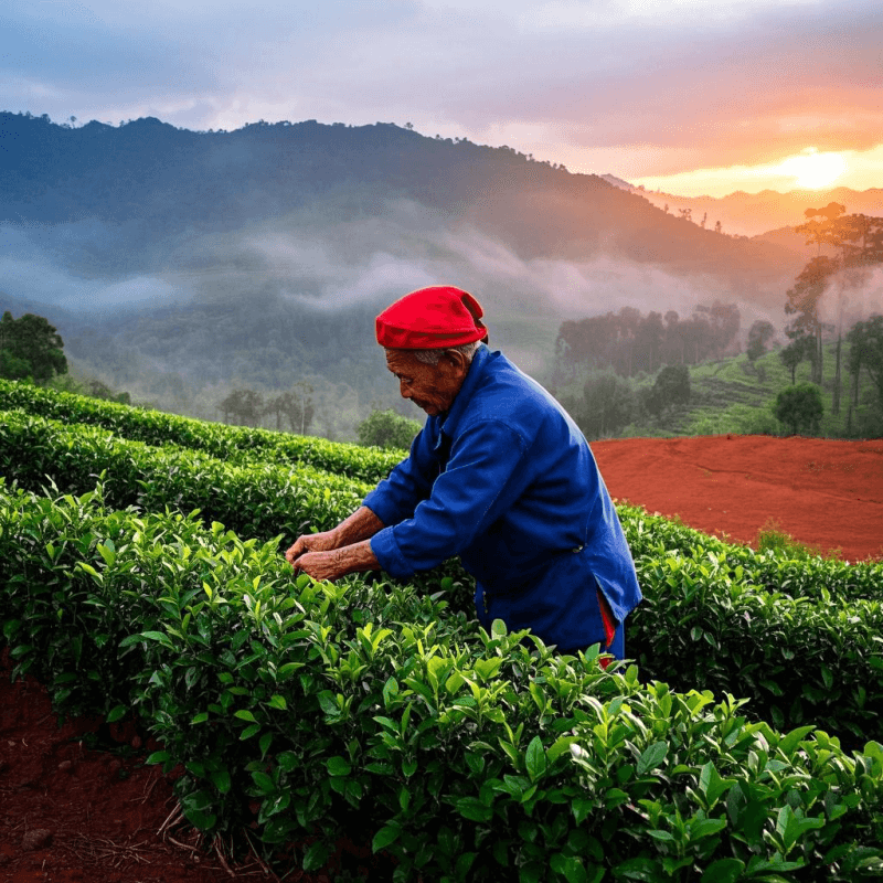 Tea farmer harvesting Dan Cong Oolong leaves in the misty Phoenix Mountains, showcasing traditional Chinese tea craftsmanship and high-mountain terroir