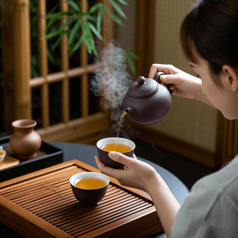 Brewing Dan Cong Oolong tea in a Yixing clay teapot with golden liquor and aromatic steam, highlighting the traditional Gongfu tea experience