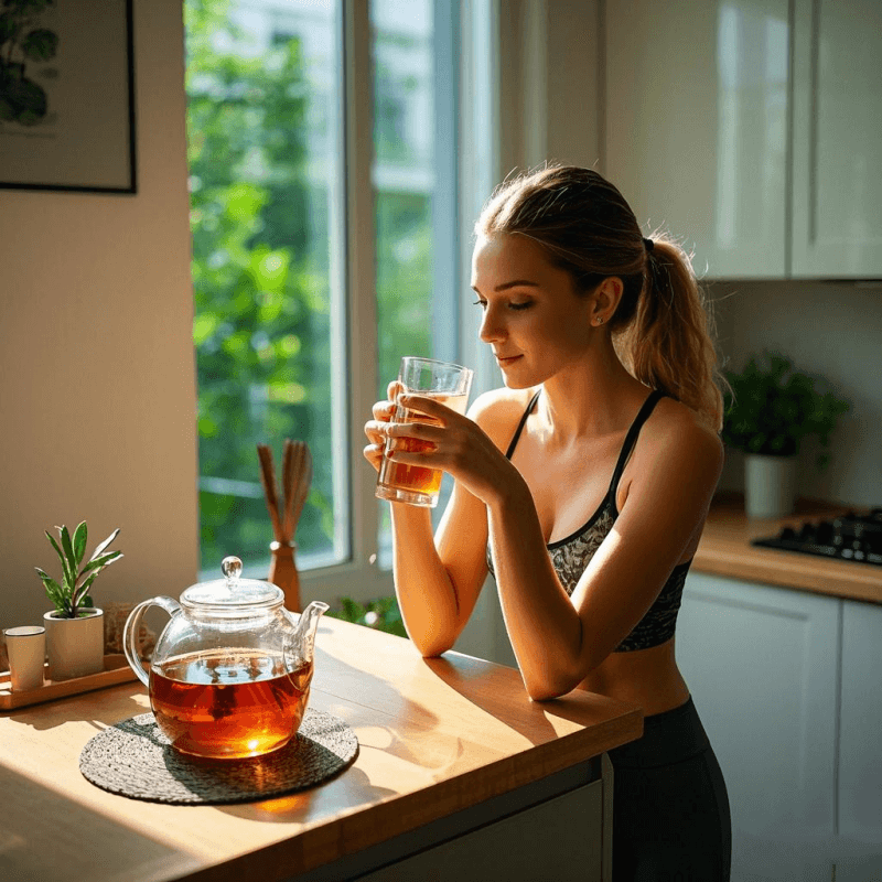 Does Oolong Tea Help with Weight Loss? Woman enjoying a cup of oolong tea after morning workout