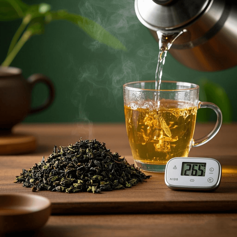 Does Oolong Tea Help with Weight Loss? Flat lay of loose leaf oolong tea with brewing tools•