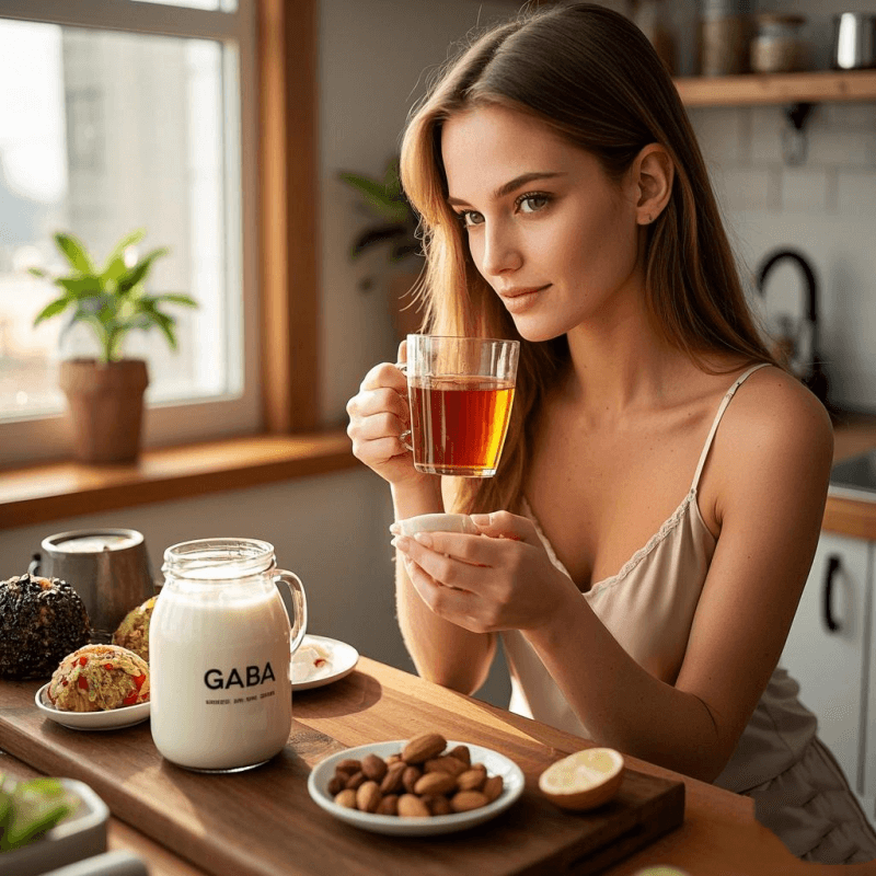 A woman enjoys oolong tea and GABA-rich foods like yogurt and almonds to support brain health and reduce stress naturally.