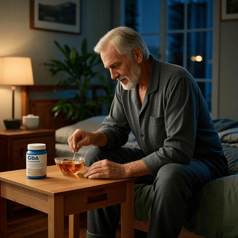 Man drinks oolong tea and GABA supplement in the evening to promote sleep quality and calm brain function.