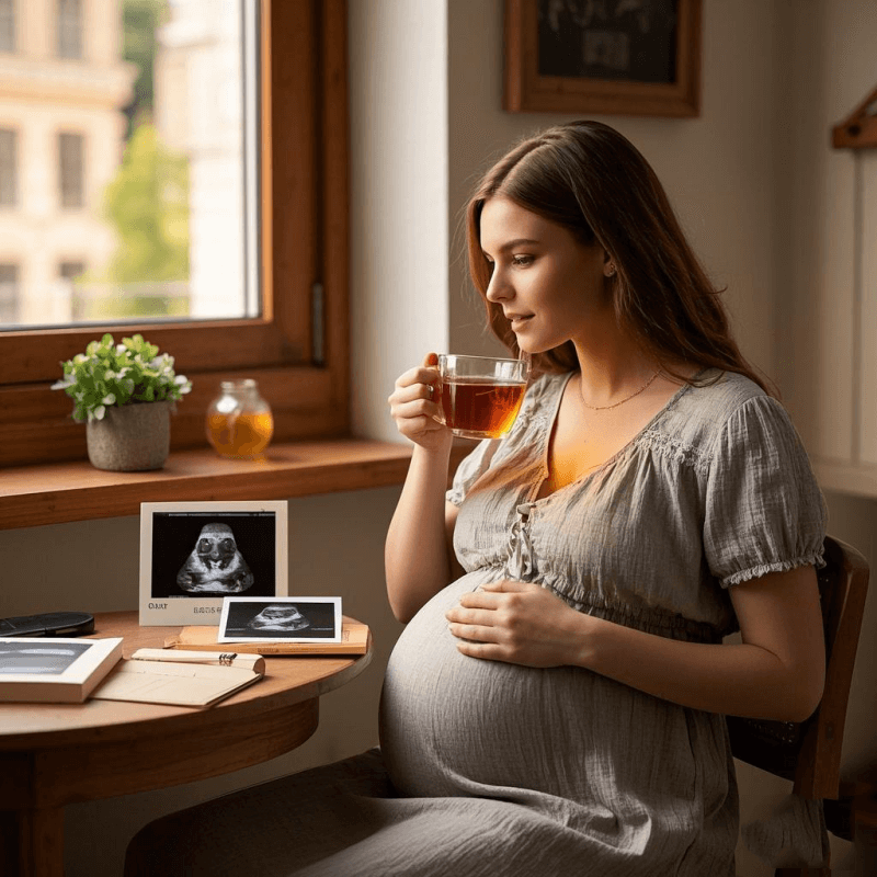A pregnant woman peacefully drinking oolong tea by the window, representing the calming connection between oolong tea and pregnancy.