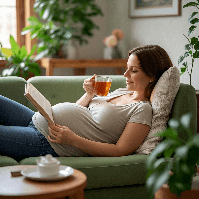 Pregnant woman enjoying oolong tea on a cozy sofa, highlighting the safe and relaxing use of oolong tea during pregnancy.