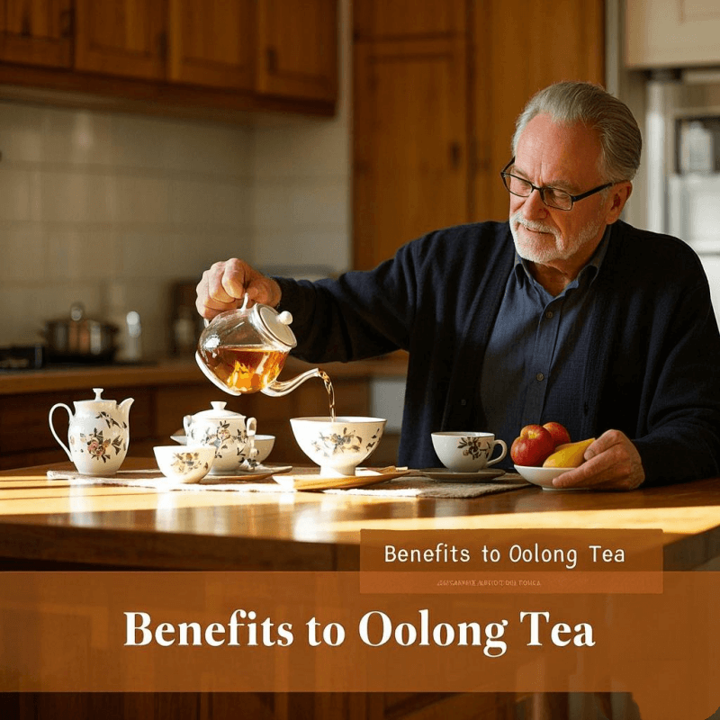 A man brewing oolong tea in a sunlit kitchen to enjoy the morning health benefits to oolong tea.
