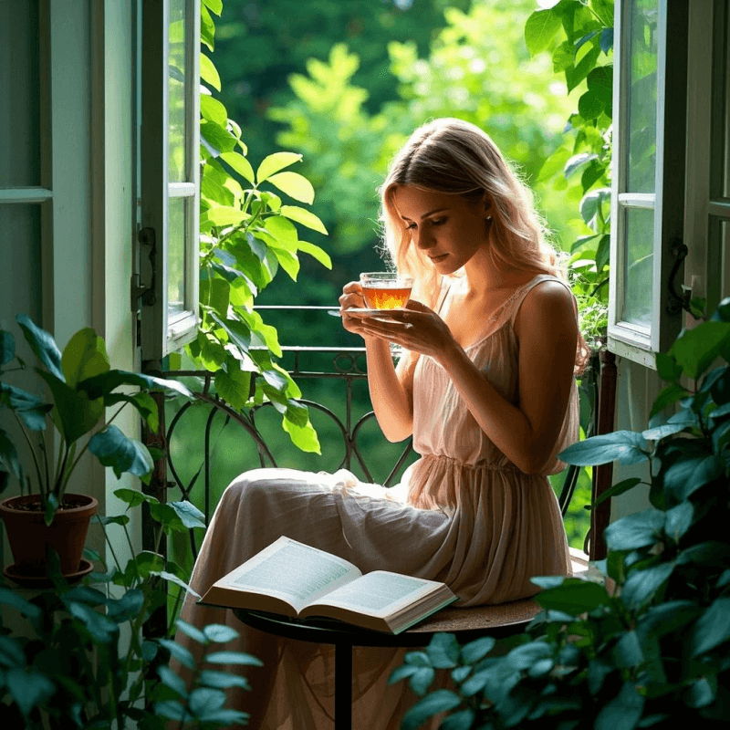 A relaxed woman sipping oolong tea on the balcony while enjoying the calming benefits to oolong tea.