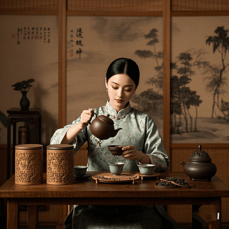 A woman in traditional Chinese attire brewing Chinese oolong tea at a wooden tea table, surrounded by classic tea utensils and a Song Dynasty-style screen in the background.