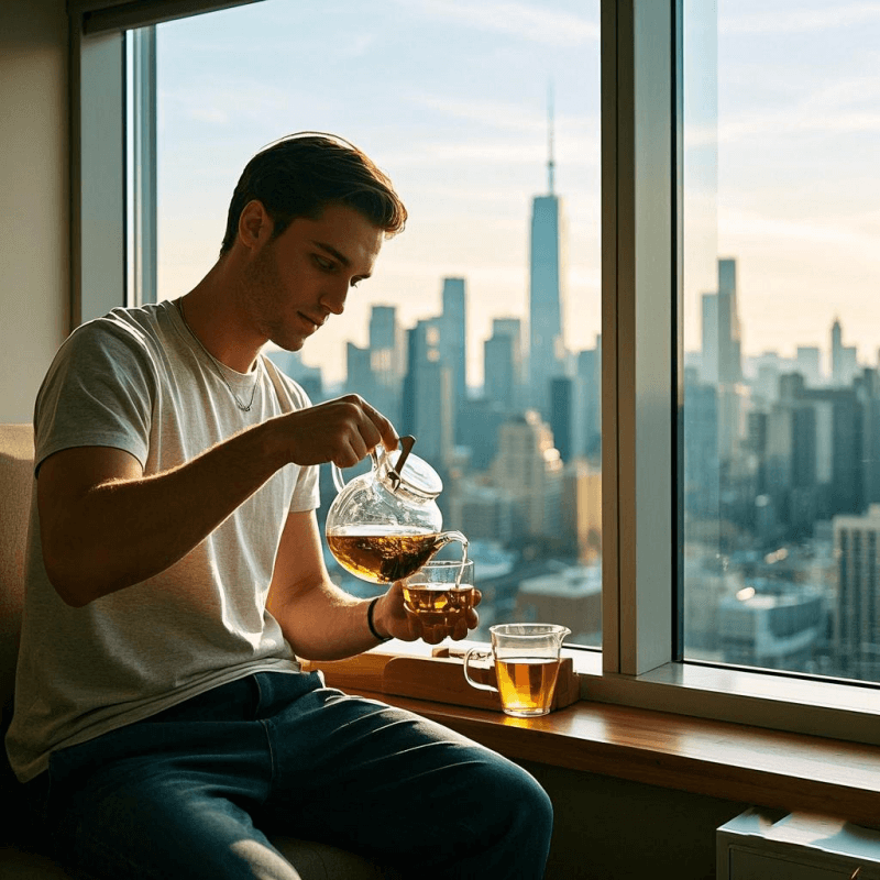 A young Asian man brewing Chinese oolong tea in a modern apartment at sunrise, using glass teaware beside a window with a city skyline view.