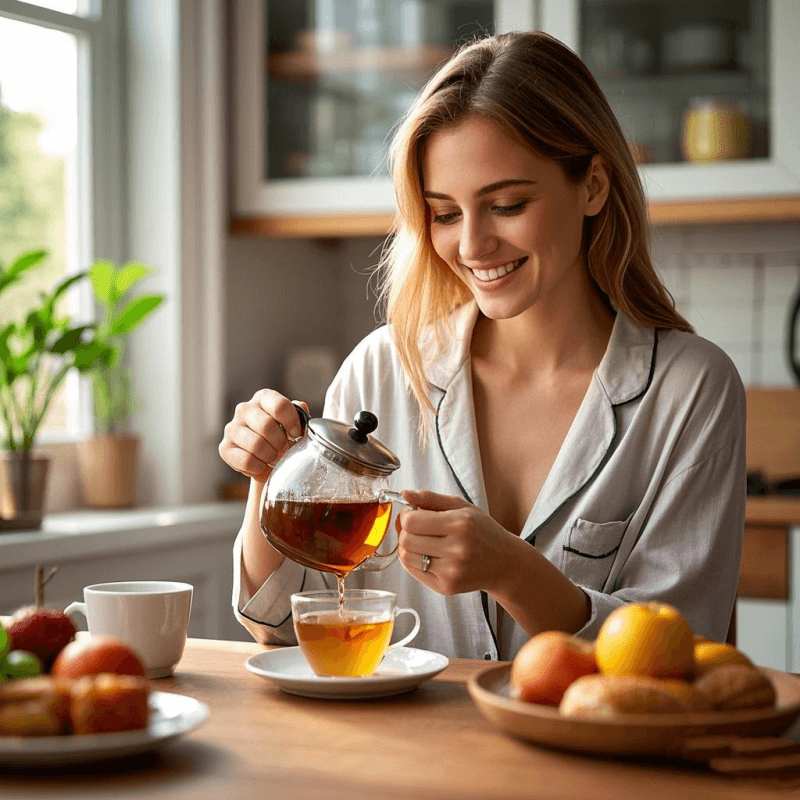 A young woman enjoying a cup of oolong tea with a healthy breakfast in a sunlit kitchen, illustrating the morning benefits of drinking oolong tea for metabolism and focus.