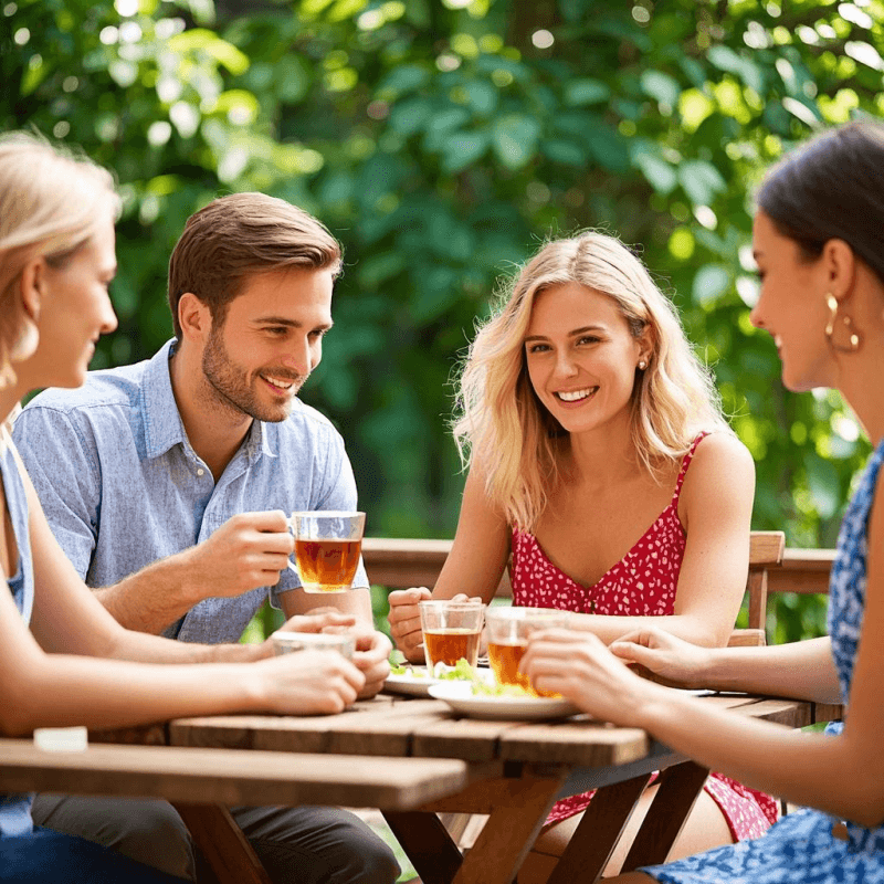 Friends sharing oolong tea on a sunny outdoor patio with healthy snacks, highlighting the social and health benefits of drinking oolong tea over sugary drinks.