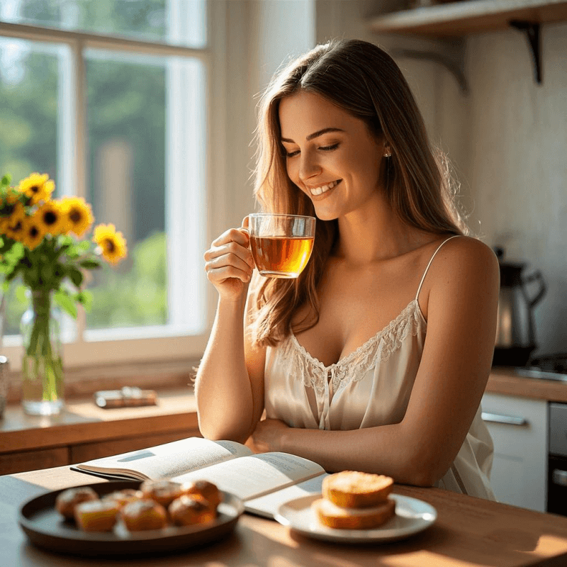 Young woman enjoying a cup of oolong tea in a sunny kitchen, showing whats oolong tea good for in boosting morning energy and mental clarity