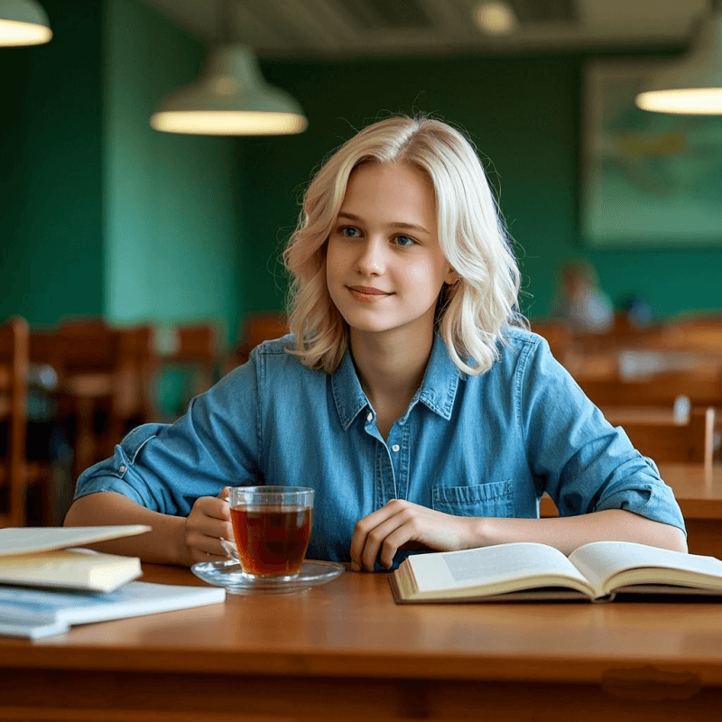 College student drinking oolong tea while studying in the library, illustrating whats oolong tea good for in enhancing focus and reducing stress