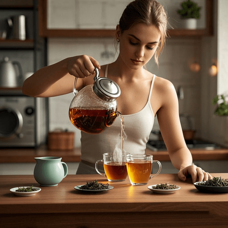 A young person brewing oolong tea leaves in a glass teapot on a kitchen table, with green tea and black tea cups nearby to compare their color and aroma differences