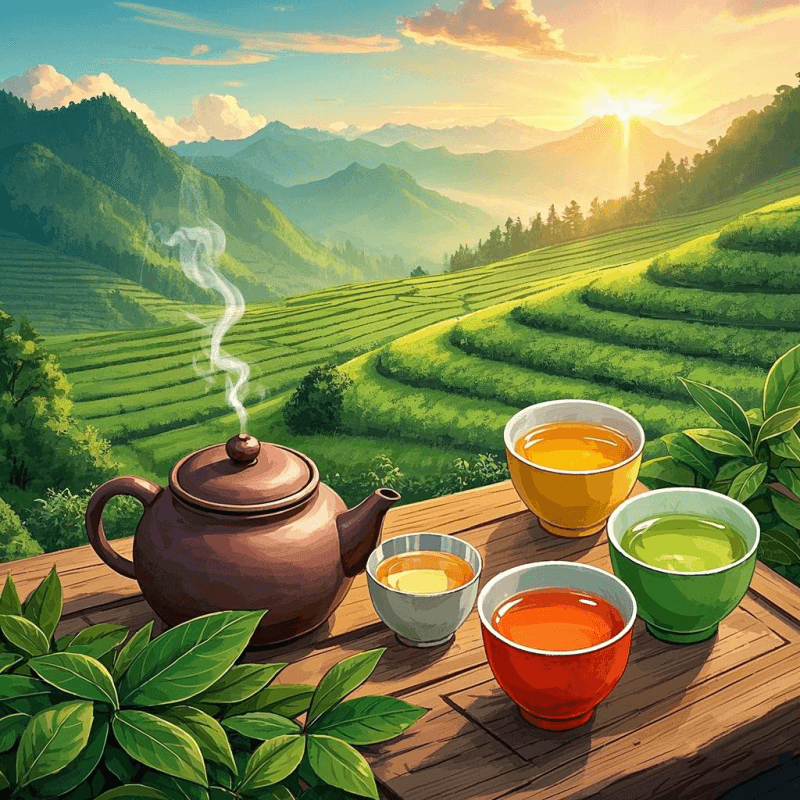 A Chinese tea ceremony showing oolong tea leaves being brewed in a Yixing clay teapot, alongside three cups displaying green, oolong, and black tea colors for visual compare