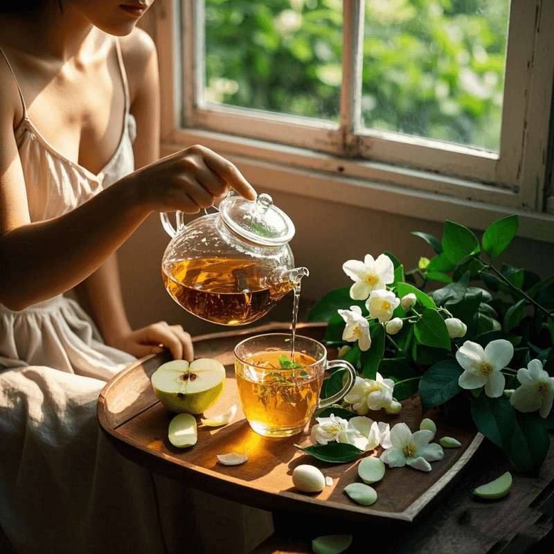 A woman brewing pouchong oolong tea in a glass teapot by the window, with golden tea liquor and jasmine flowers highlighting its floral aroma and freshness