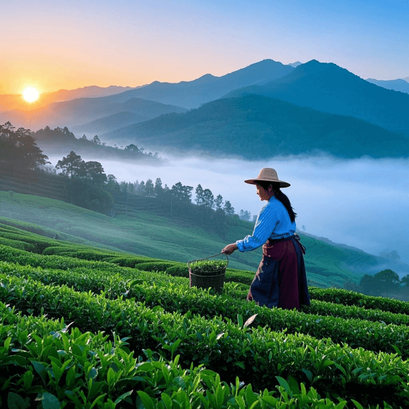 Traditional hand-picking of pouchong oolong tea leaves in a high-altitude tea garden in Taiwan, surrounded by morning mist and green tea bushes