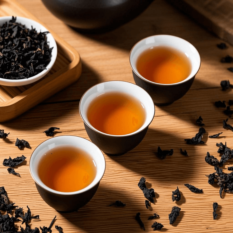 A freshly brewed pot of black oolong tea on a traditional tea table, with amber-colored tea in three tasting cups and loose black oolong tea leaves beside them.