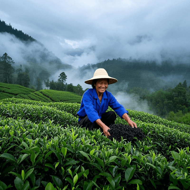 Tea farmers handpicking mature black oolong tea leaves in a misty high-mountain tea garden in Taiwan or Fujian.