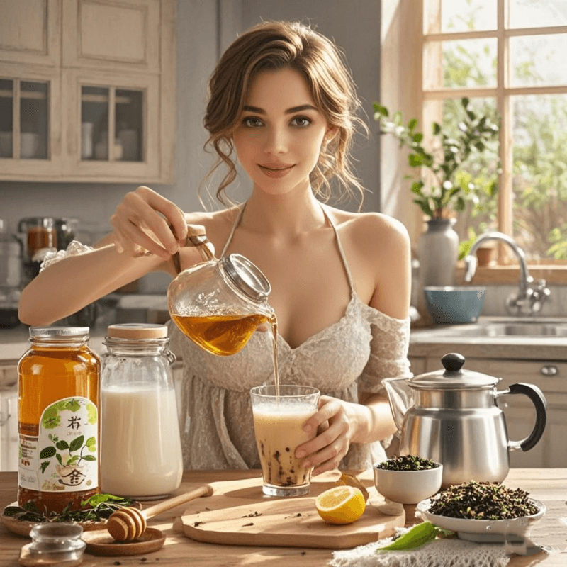 A woman demonstrating how to make oolong milk tea at home with loose-leaf tea, milk, and honey on a cozy kitchen counter.