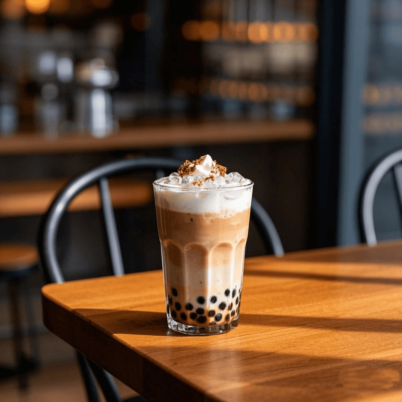 A refreshing iced version showing how to make oolong milk tea with tapioca pearls, milk foam, and cinnamon in a trendy café setting.