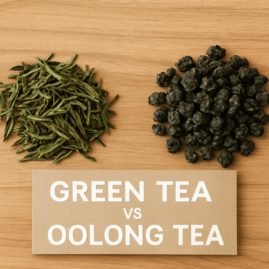 A side-by-side comparison of loose-leaf oolong tea and green tea with brewed cups, helping visually explain the differences for the question: is oolong a green tea?