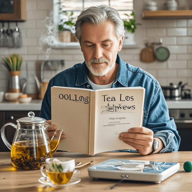 Middle-aged man reading oolong tea weight loss reviews on his laptop while drinking oolong tea in a healthy morning routine.