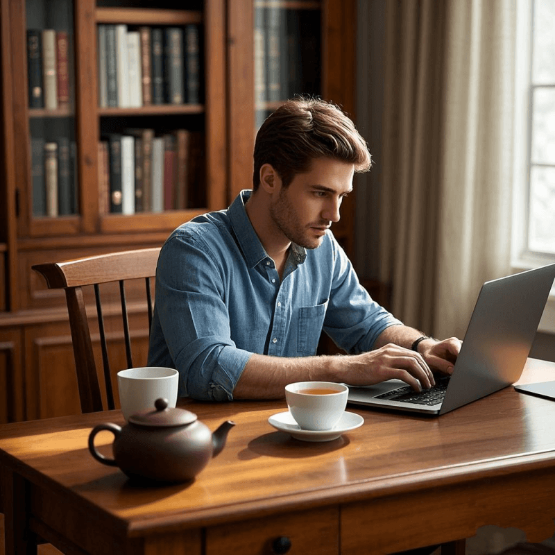 Young man working on a laptop with oolong tea beside him, illustrating "What Does Oolong Tea Do" for improving focus and relaxation
