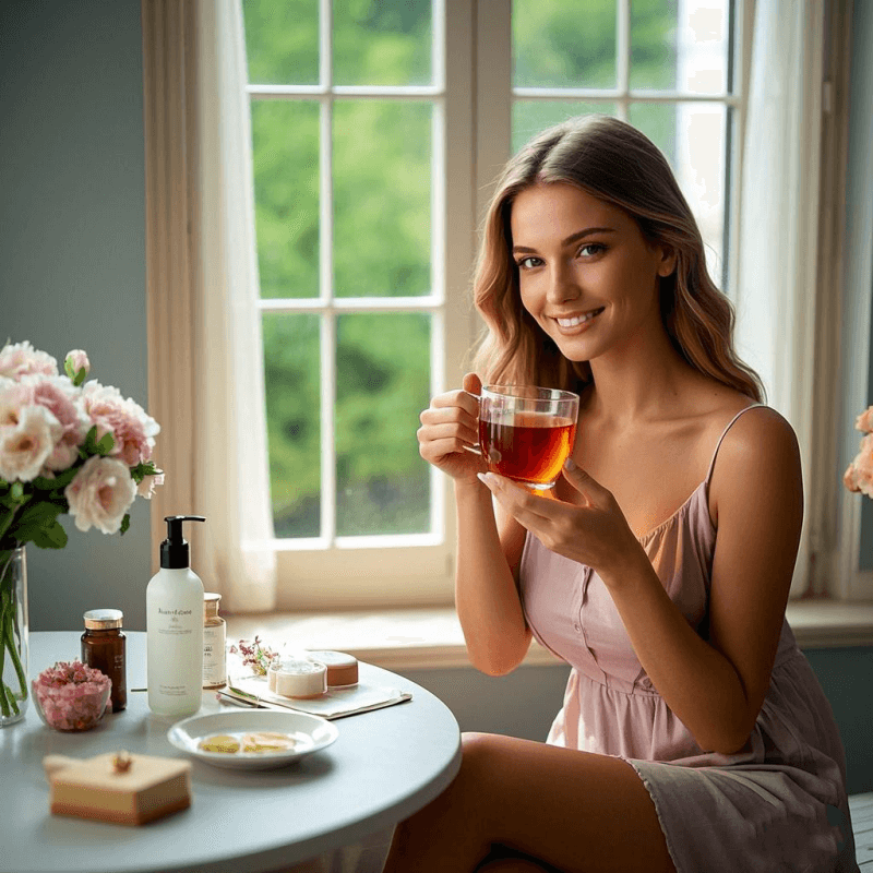 A young woman with radiant skin enjoying a cup of oolong tea by the window, illustrating the skincare benefits of oolong tea for women.