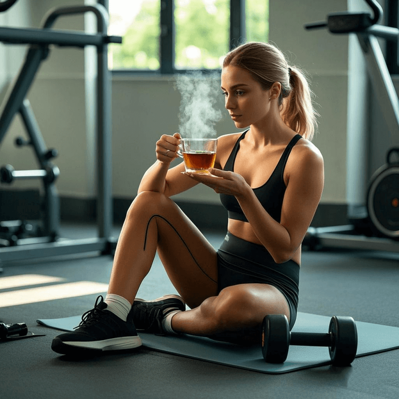 Fit woman drinking oolong tea in a gym setting, representing the weight loss benefits of oolong tea for women.