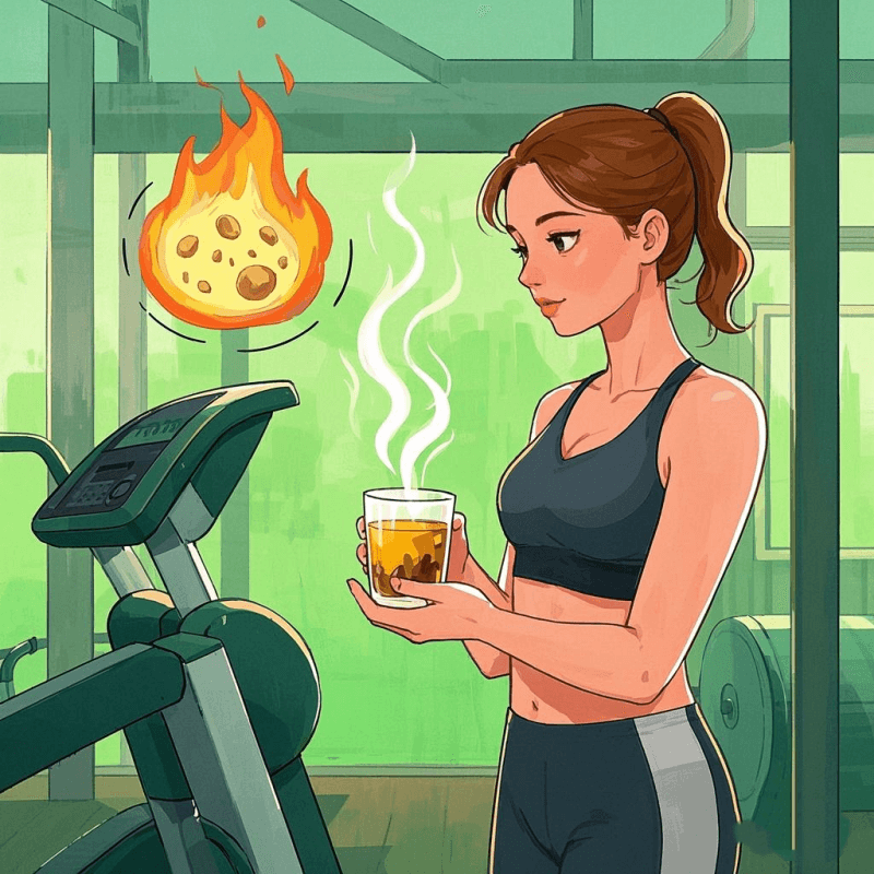 A young woman enjoying a cup of oolong tea after exercise, highlighting oolong tea benefits such as metabolism support, tea benefits, and the balance of caffeine and L-theanine for calm energy.
