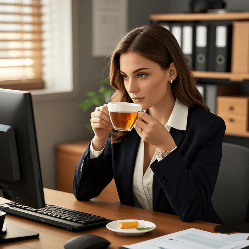 A professional enjoying oolong tea in an office setting, highlighting oolong tea benefits for calm focus and energy without coffee jitters.