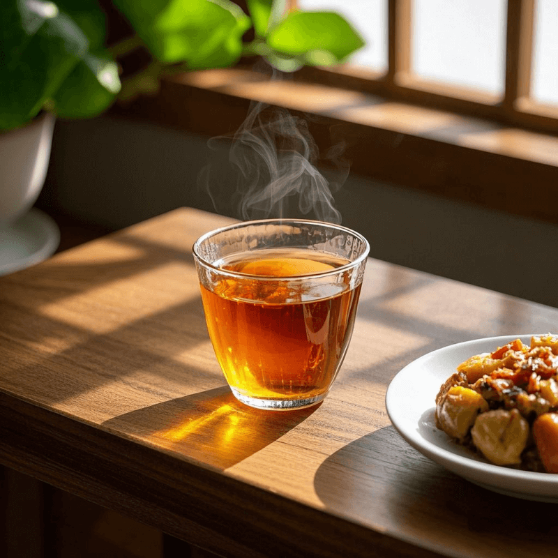 A warm cup of oolong tea served after a heavy meal, showing oolong tea benefits for digestion and post-meal comfort.