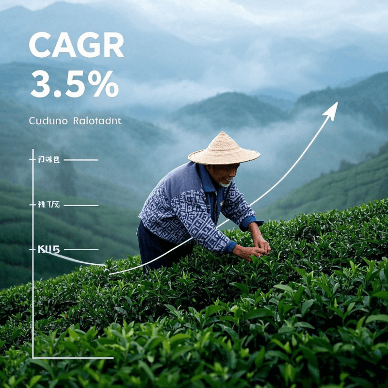 Tea farmers harvesting oolong tea leaves in a mountain plantation with growth chart illustrating rising demand and health benefits worldwide.