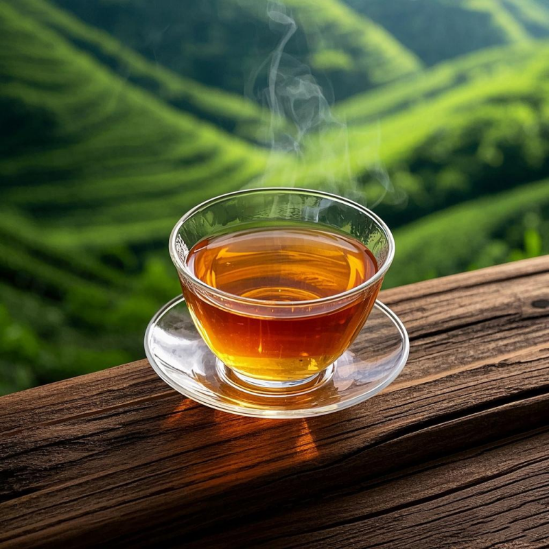 A close-up of freshly brewed oolong tea with clear amber color, part of the ultimate oolong tea guide showing what is oolong tea and highlighting oolong tea benefits